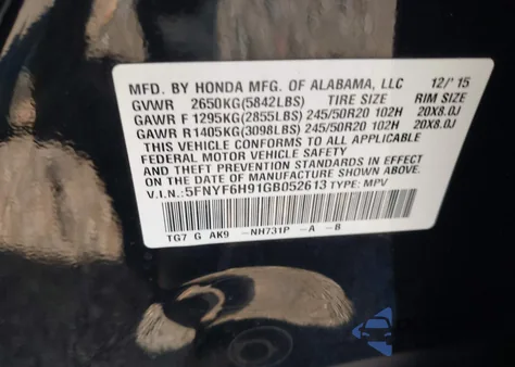 2016 Honda Pilot Touring z USA, uszkodzony, nr VIN 5FNYF6H91GB052613